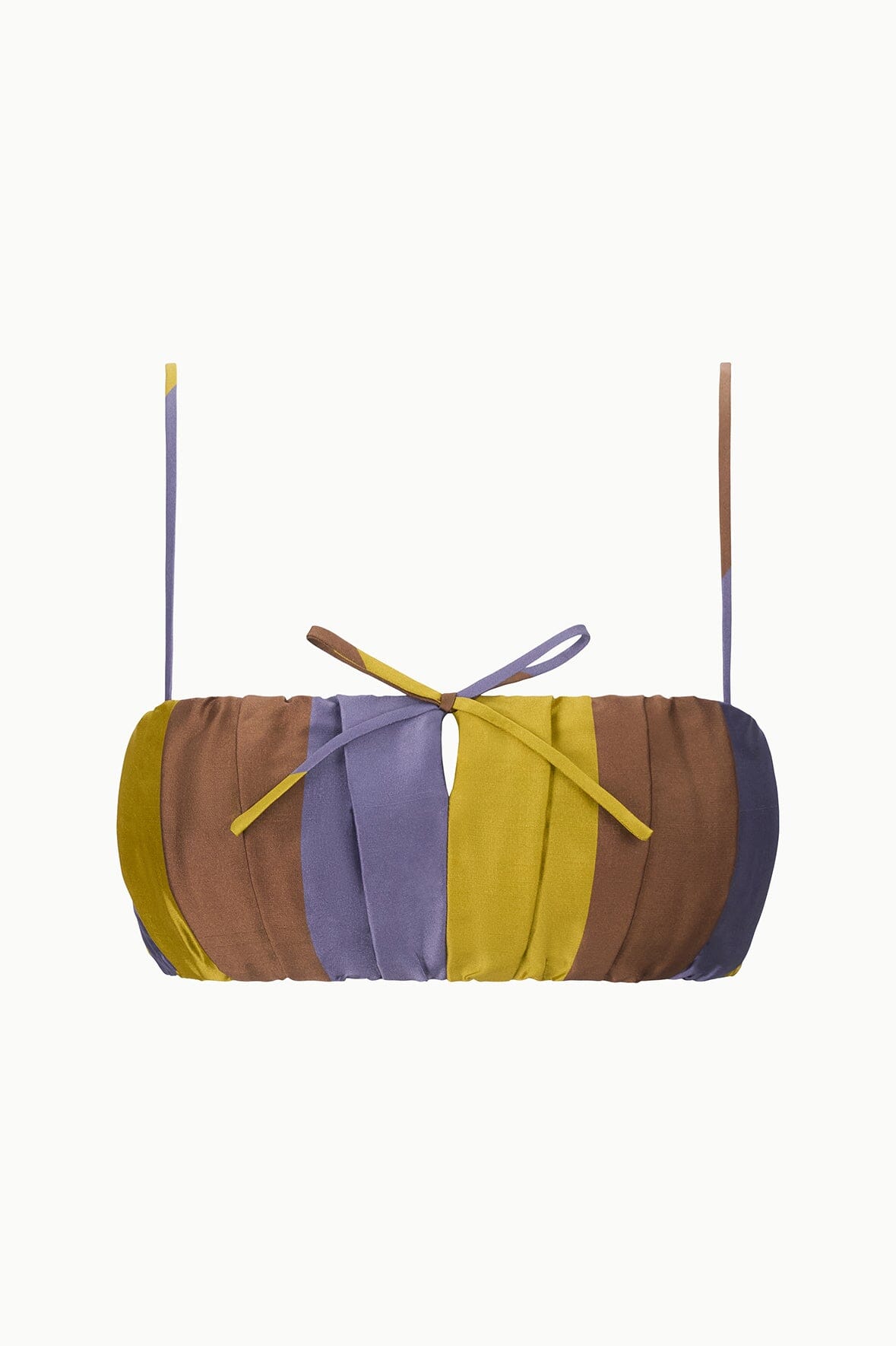 Silk bandeau top with multicolor vertical stripes and center bow ties