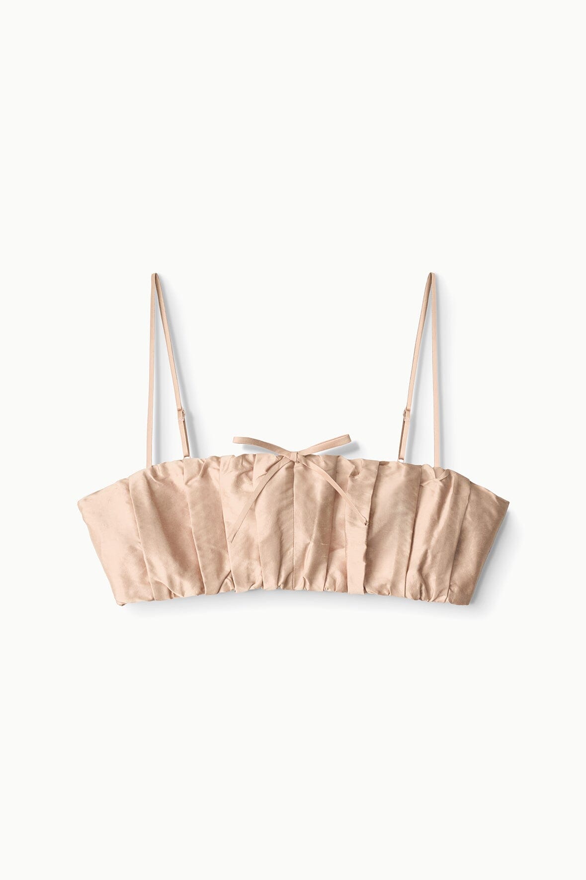 Sandrose silk bandeau top with spaghetti straps, gathered ruffle trim, and bow