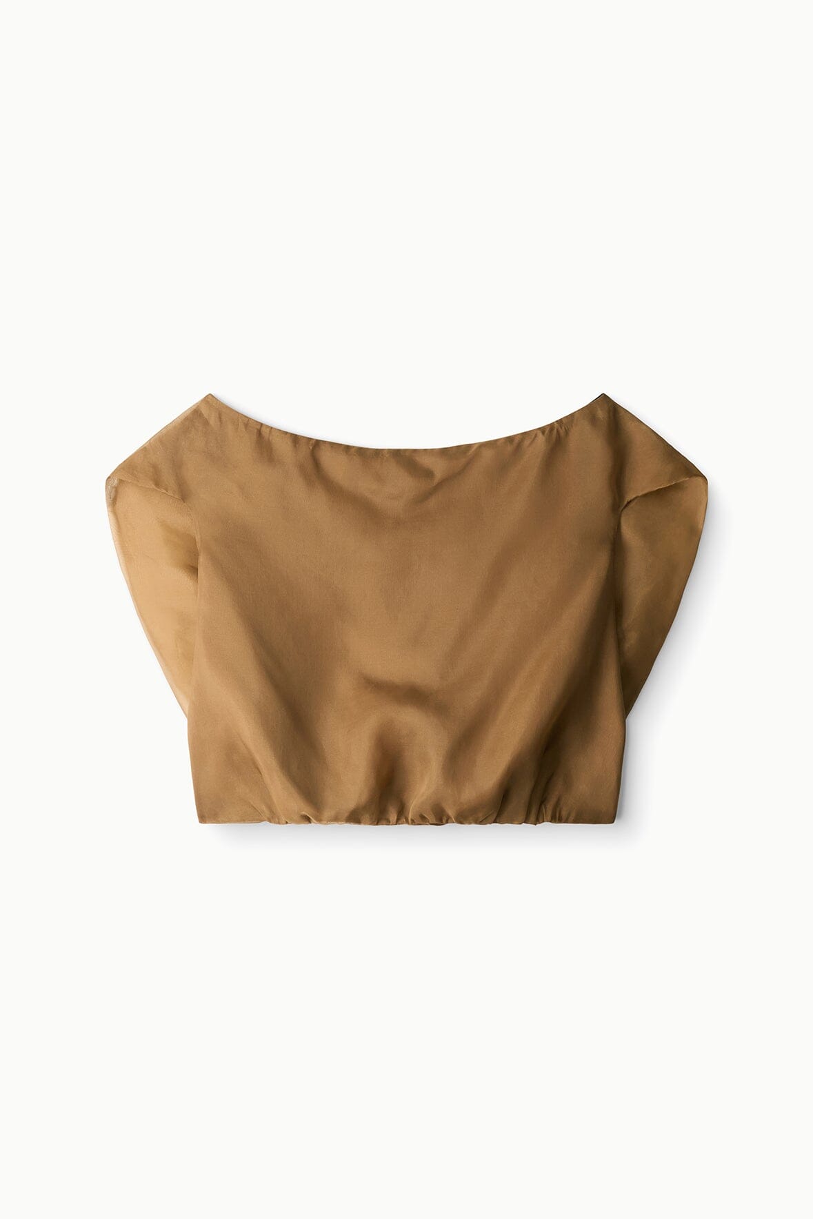 Brown cropped top with wide neckline and short sleeves