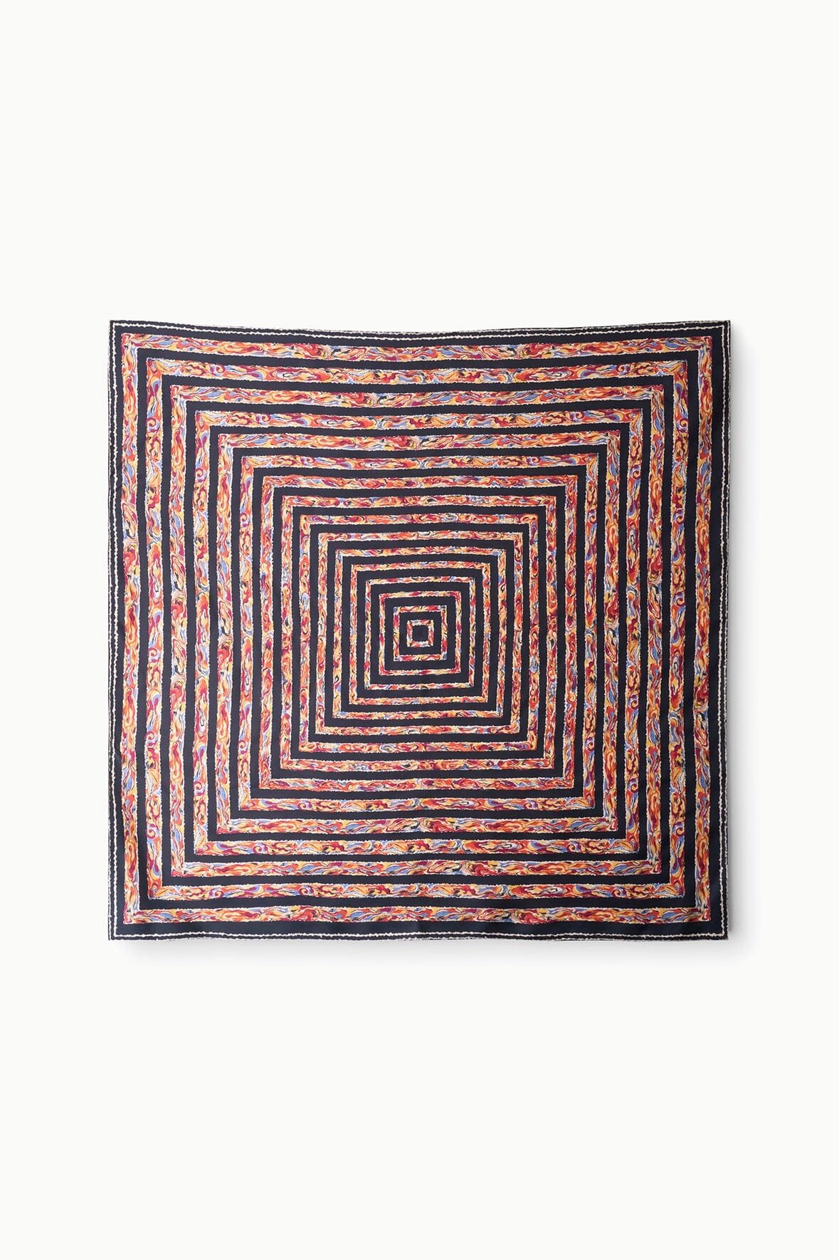 Square silk scarf with concentric geometric maze pattern in orange, blue, black
