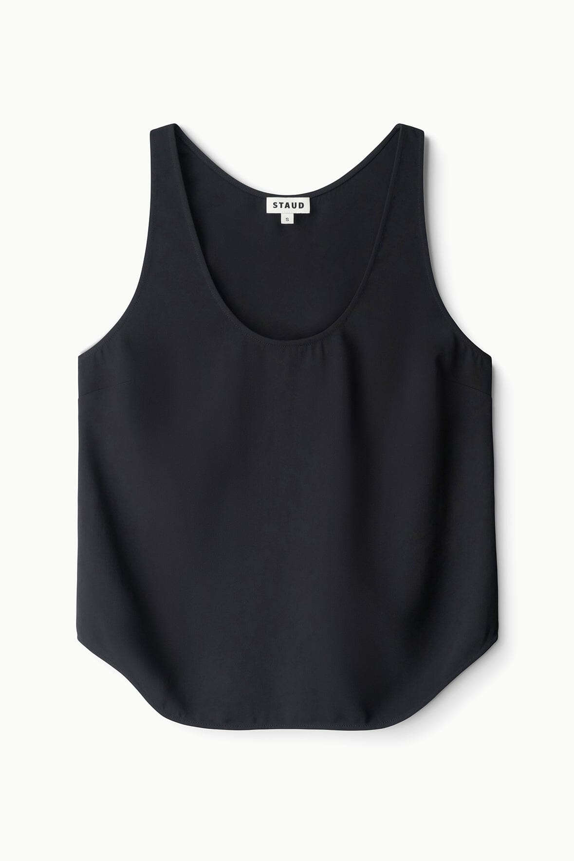 Black sleeveless tank top with wide scoop neckline, relaxed fit