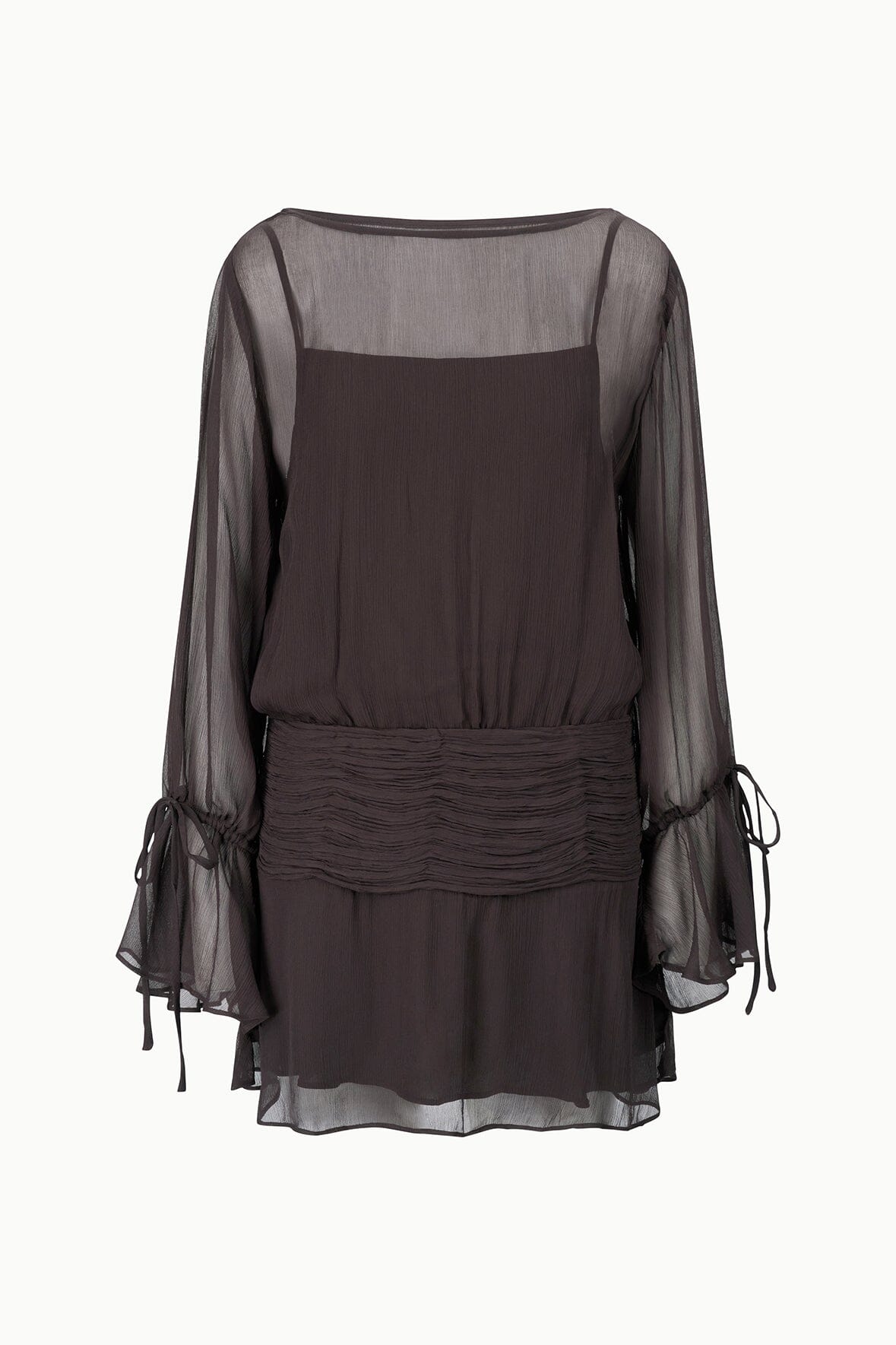 Back view of Earth-toned mini dress, sheer long sleeves, gathered waist, tie cuffs