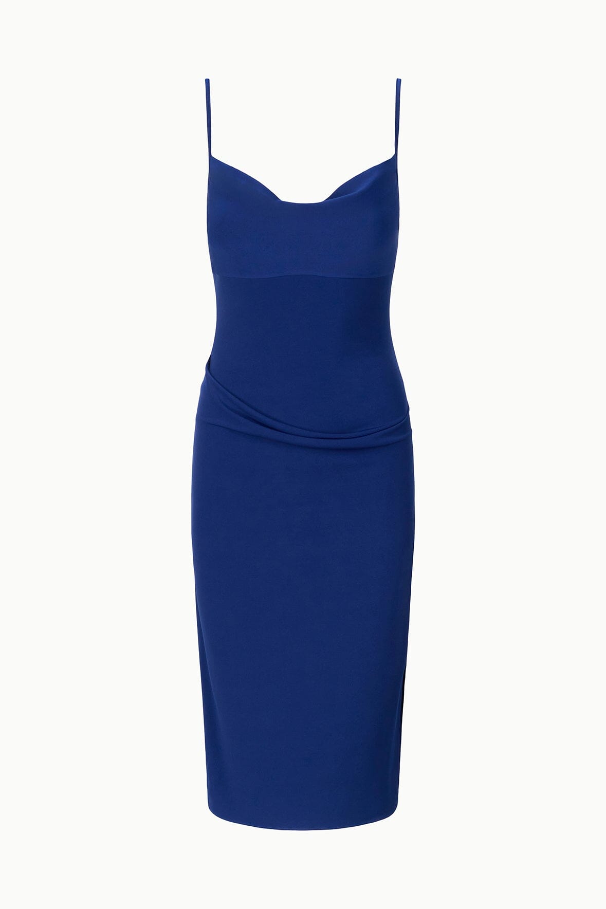 ASHE midnight midi sheath dress with spaghetti straps and cowl neckline, fitted waist