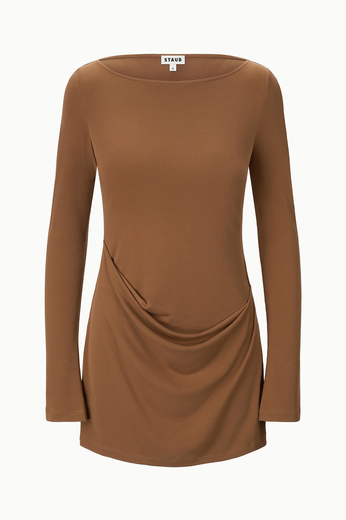 Cigar brown long-sleeve mini dress with scoop neck and side ruching