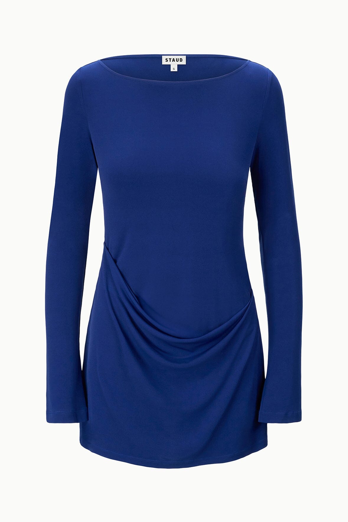 Dark blue long-sleeve draped tunic dress with boat neckline