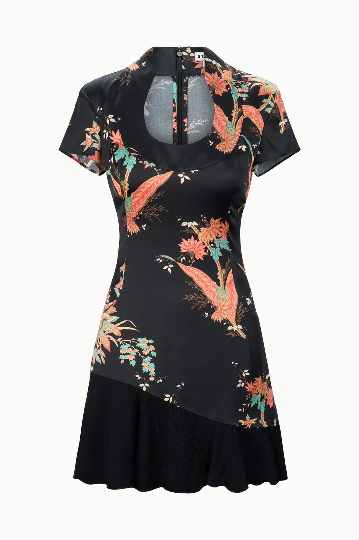 Black silk dress with short sleeves, colorful floral bird print, angled panel hem