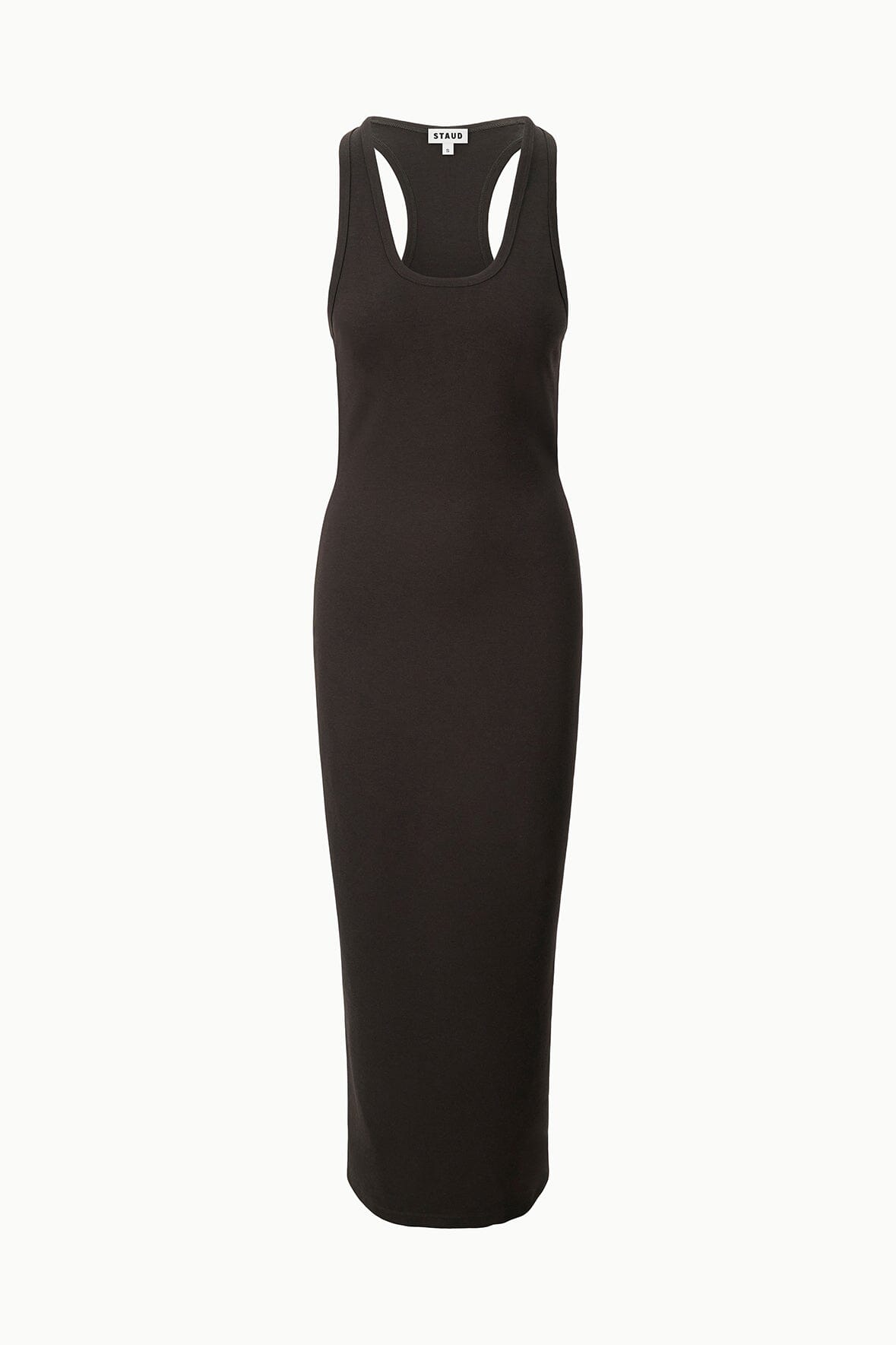 NYRA sleeveless fitted sheath dress, dark Earth, scoop neckline