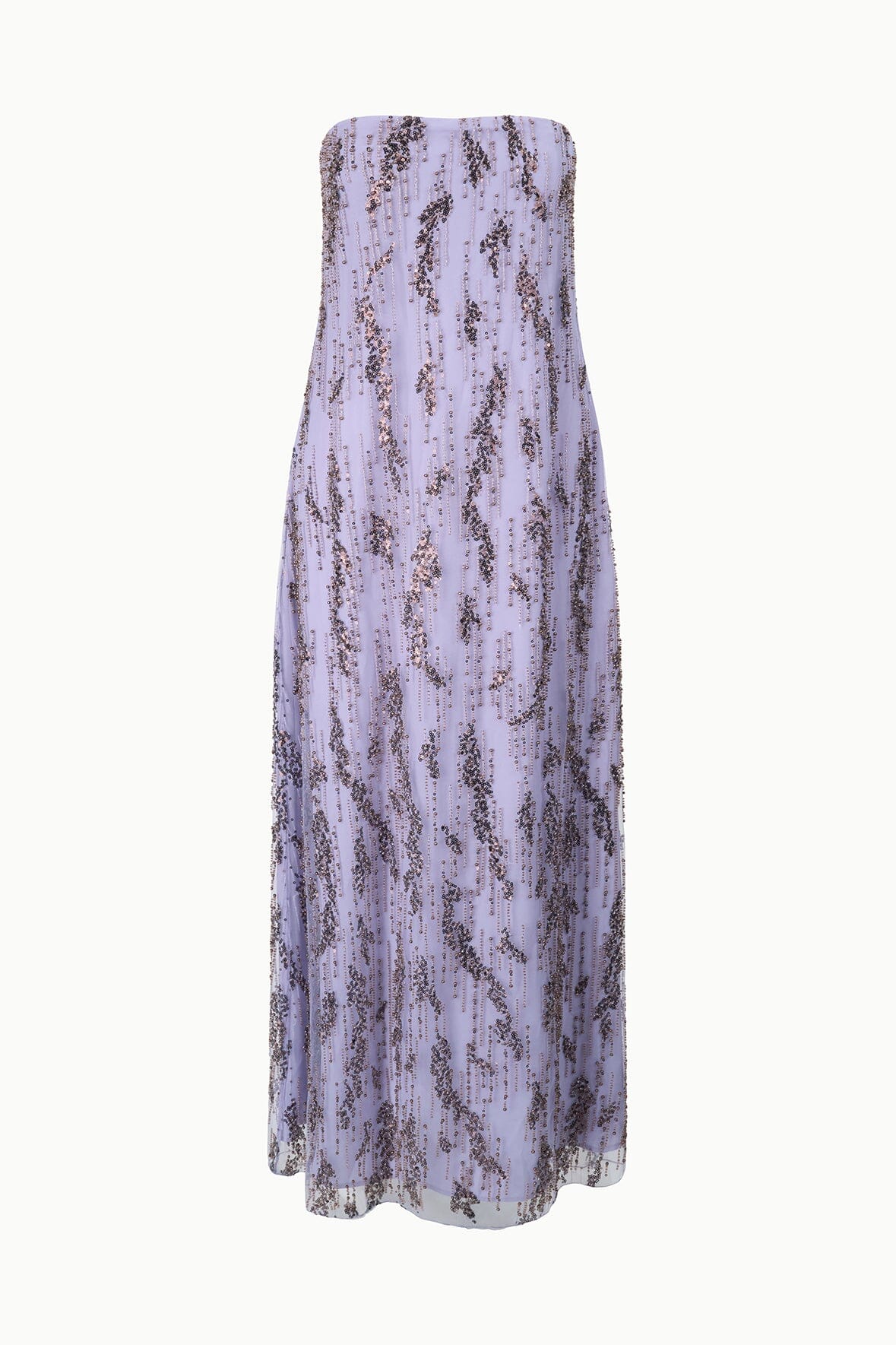 Lilac sequin maxi dress with round neckline and sleeveless silhouette