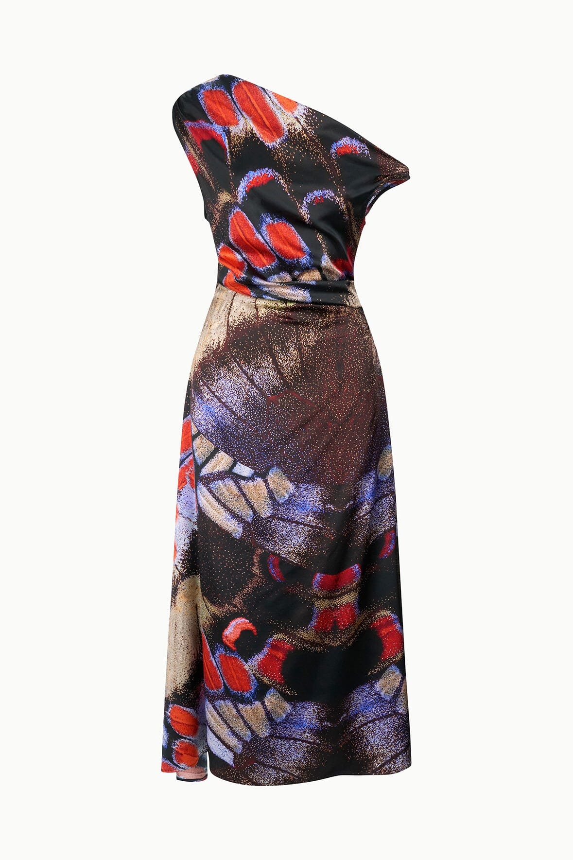 Silk butterfly-print fitted dress with cap sleeves and draped skirt