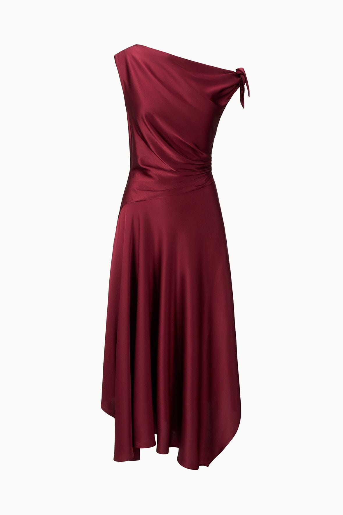 Portia silk midi dress in deep burgundy with one-shoulder drape and neckline tie