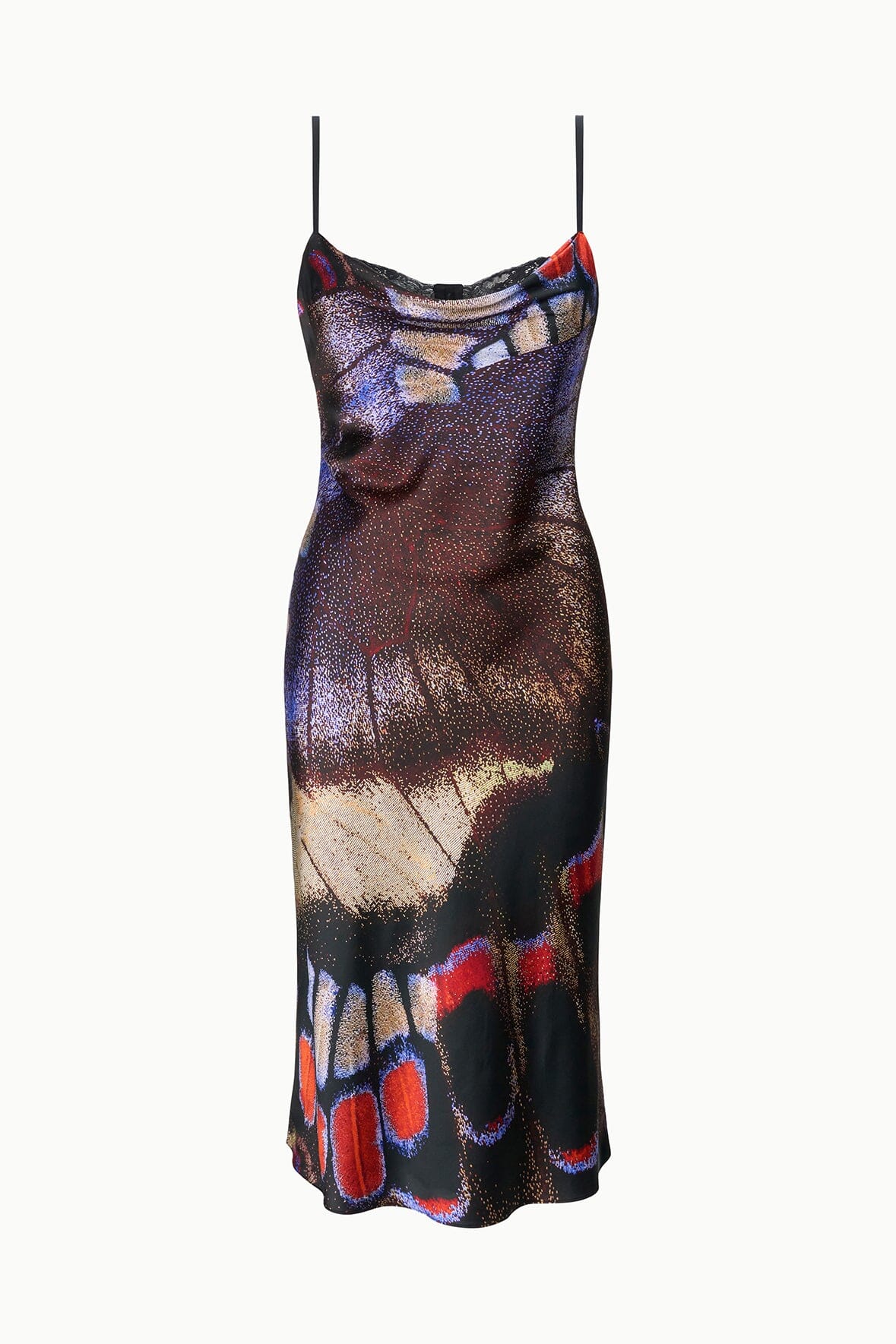Dark purple and blue butterfly-print silk midi dress with thin spaghetti straps