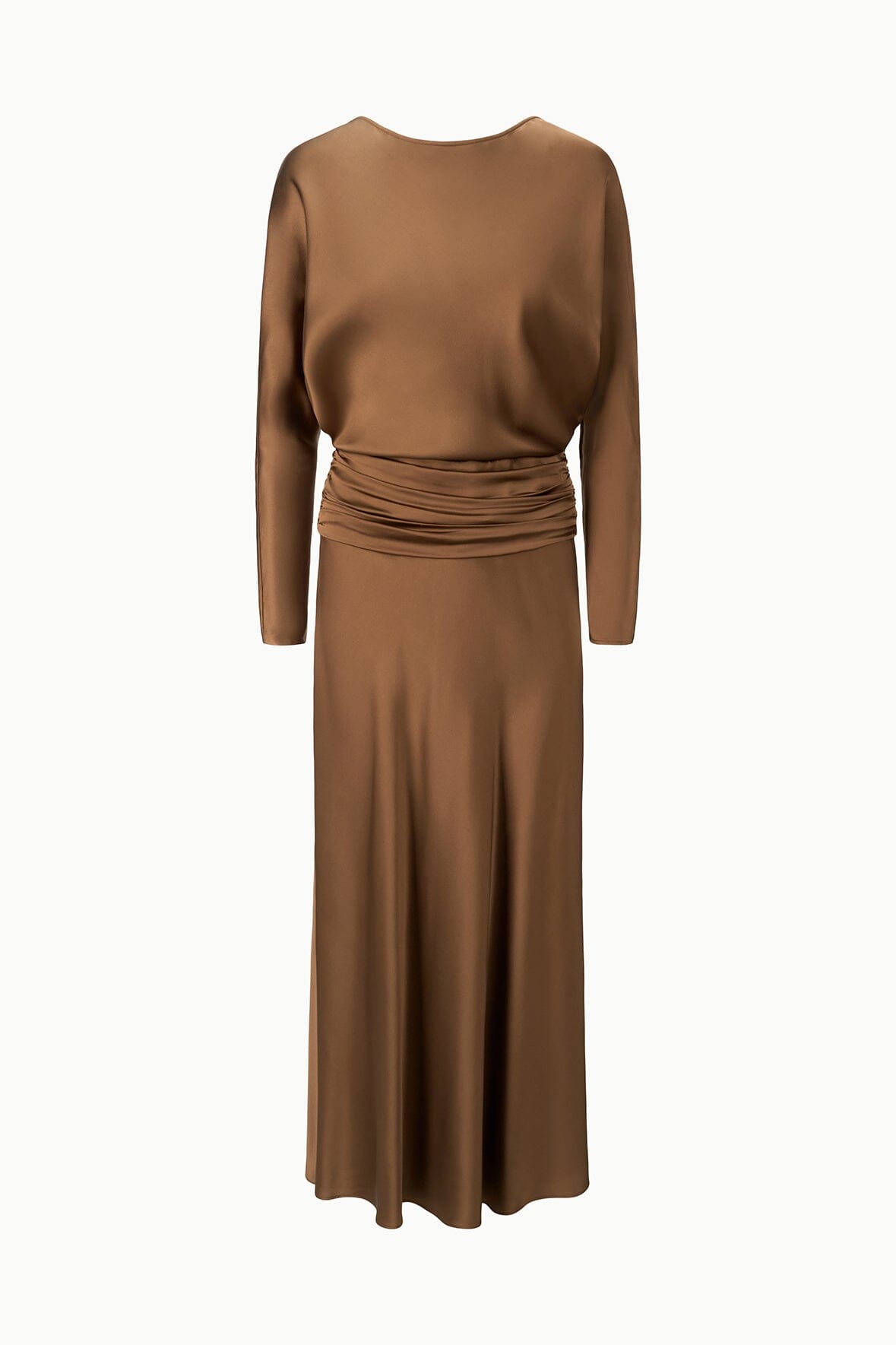 Brown silk dress with long sleeves and gathered waist detail, midi length