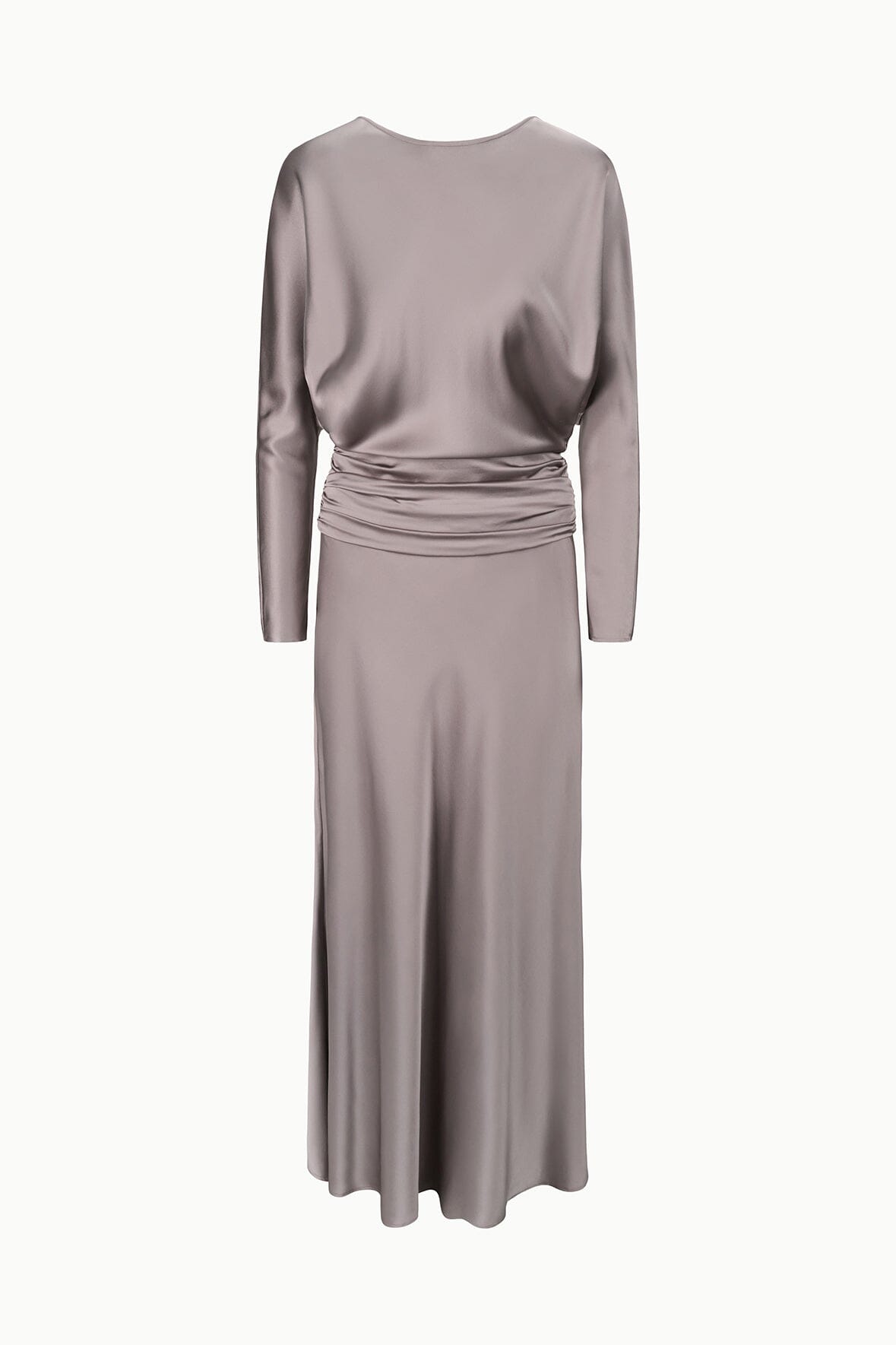 Zinc satin silk dress with long sleeves and ruched waist detail, straight skirt