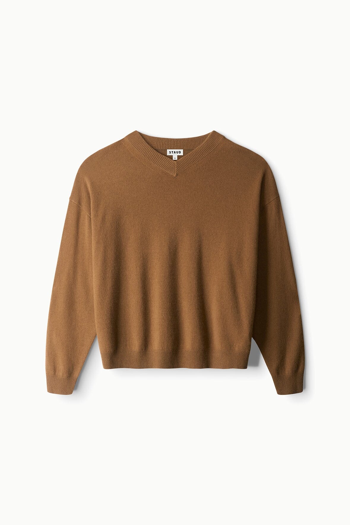 Cashmere sweater in cigar brown, V-neck knit with long sleeves and ribbed cuffs