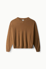 Cashmere sweater in cigar brown, V-neck knit with long sleeves and ribbed cuffs