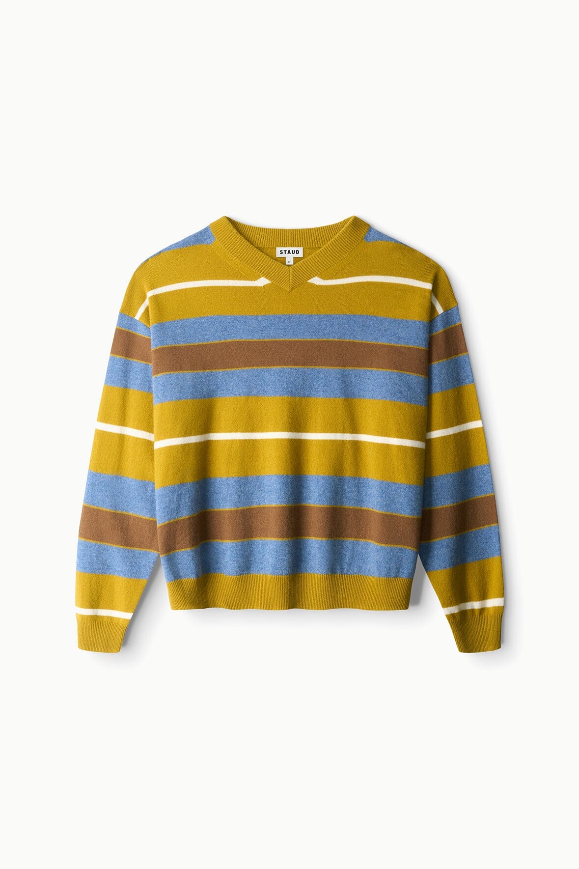 Mustard yellow cashmere sweater with blue and brown canyon stripe, button placket