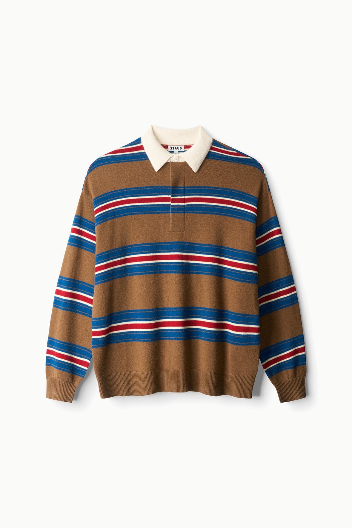 Cashmere V-neck sweater with brown, blue and red horizontal stripes, rib collar.