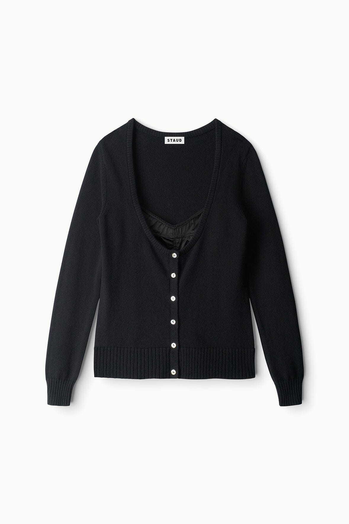 Black cashmere cardigan sweater with V-neck and button front, long sleeves