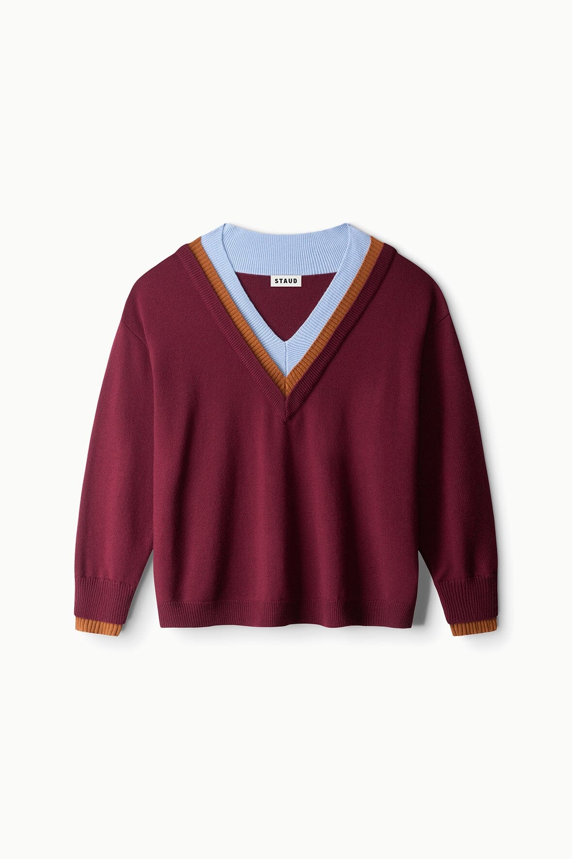 Burgundy knit sweater with V-neck and multicolor striped trim