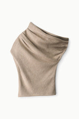 Sesame beige one-shoulder cowl neck knit sweater, draped neckline