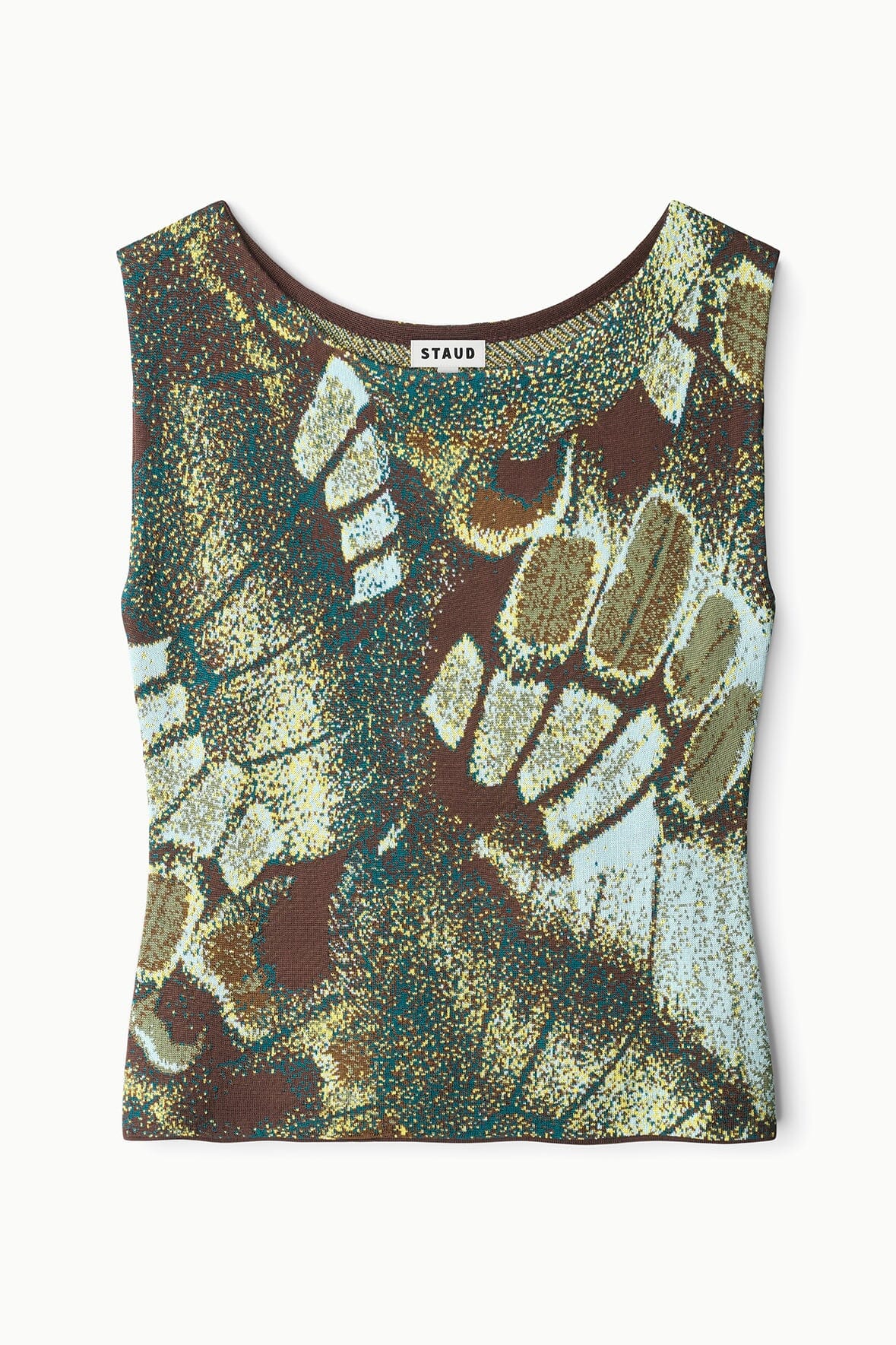 Butterfly-moss print sleeveless top with scoop neck and rounded hem
