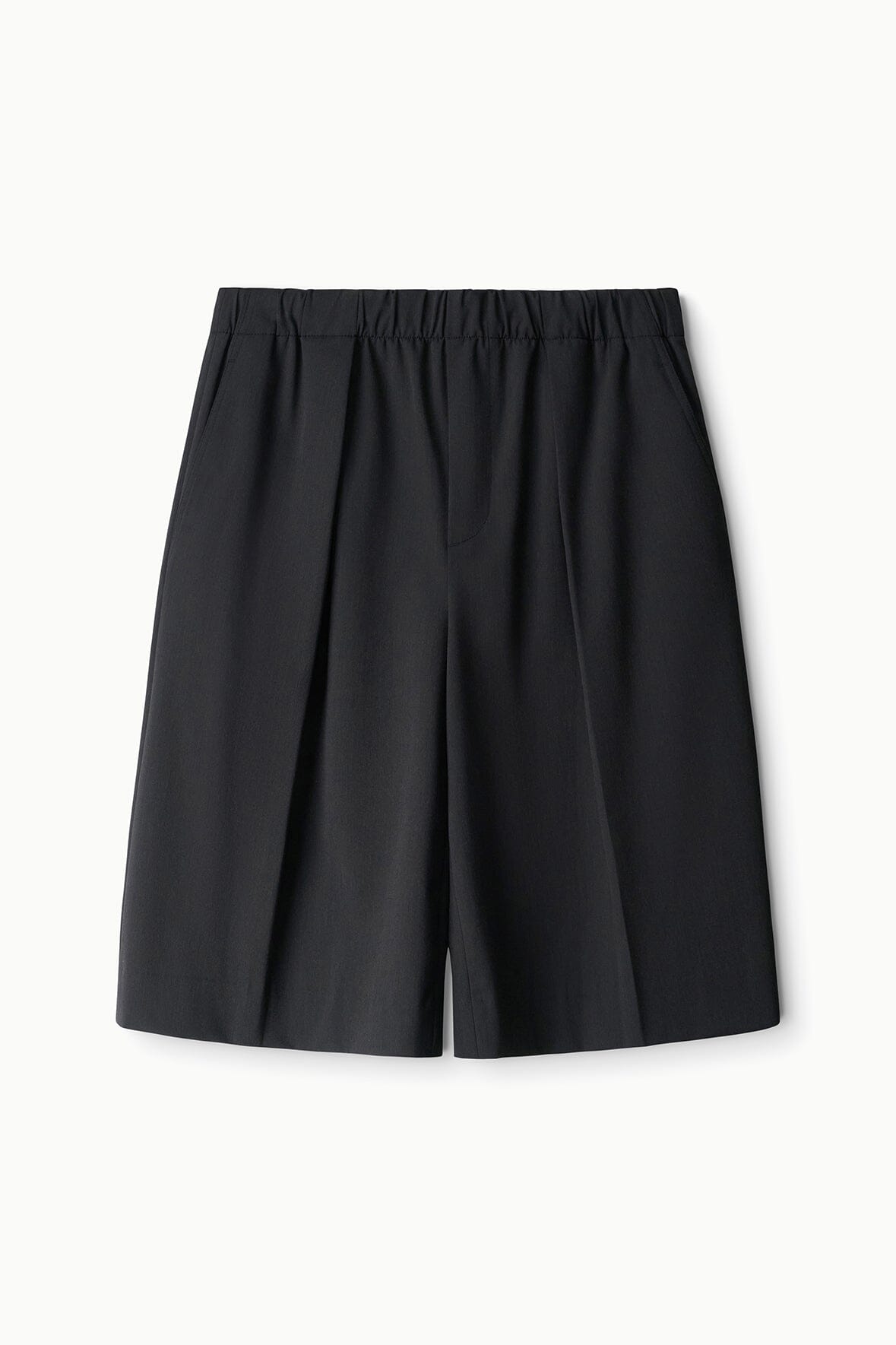 Smoke shorts, flat lay, elastic waist and pleated dark front