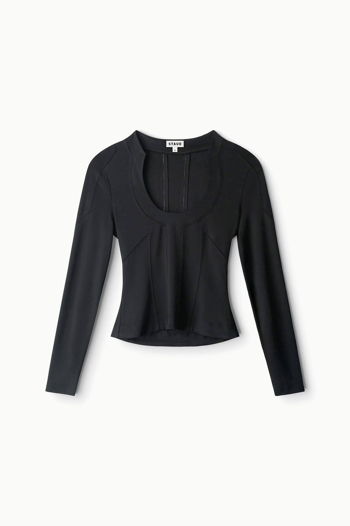 Black long-sleeve top with scoop neckline and pleated front detail
