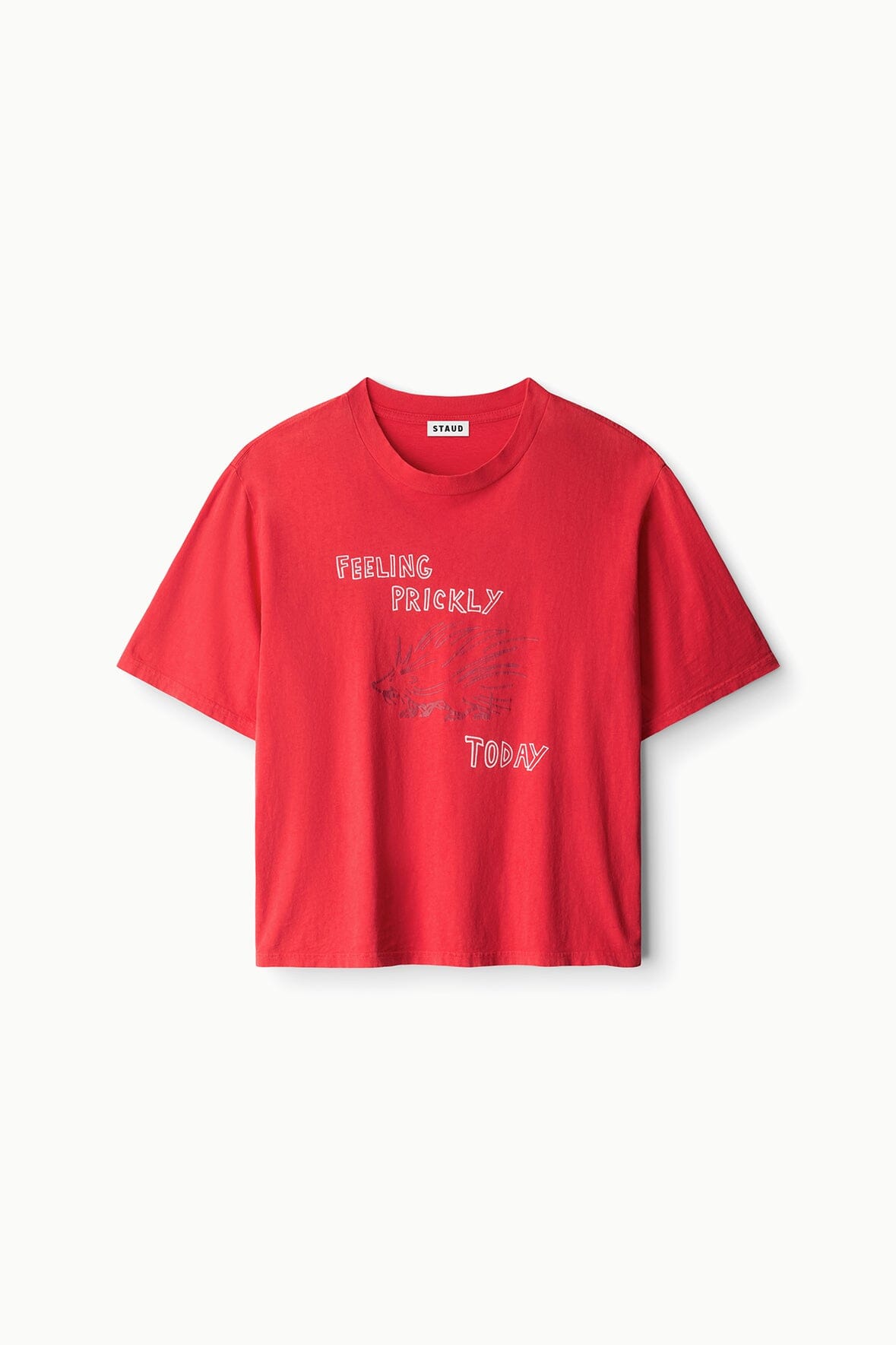 Red relaxed-fit tee with 'FEELING PRICKLY' chest graphic