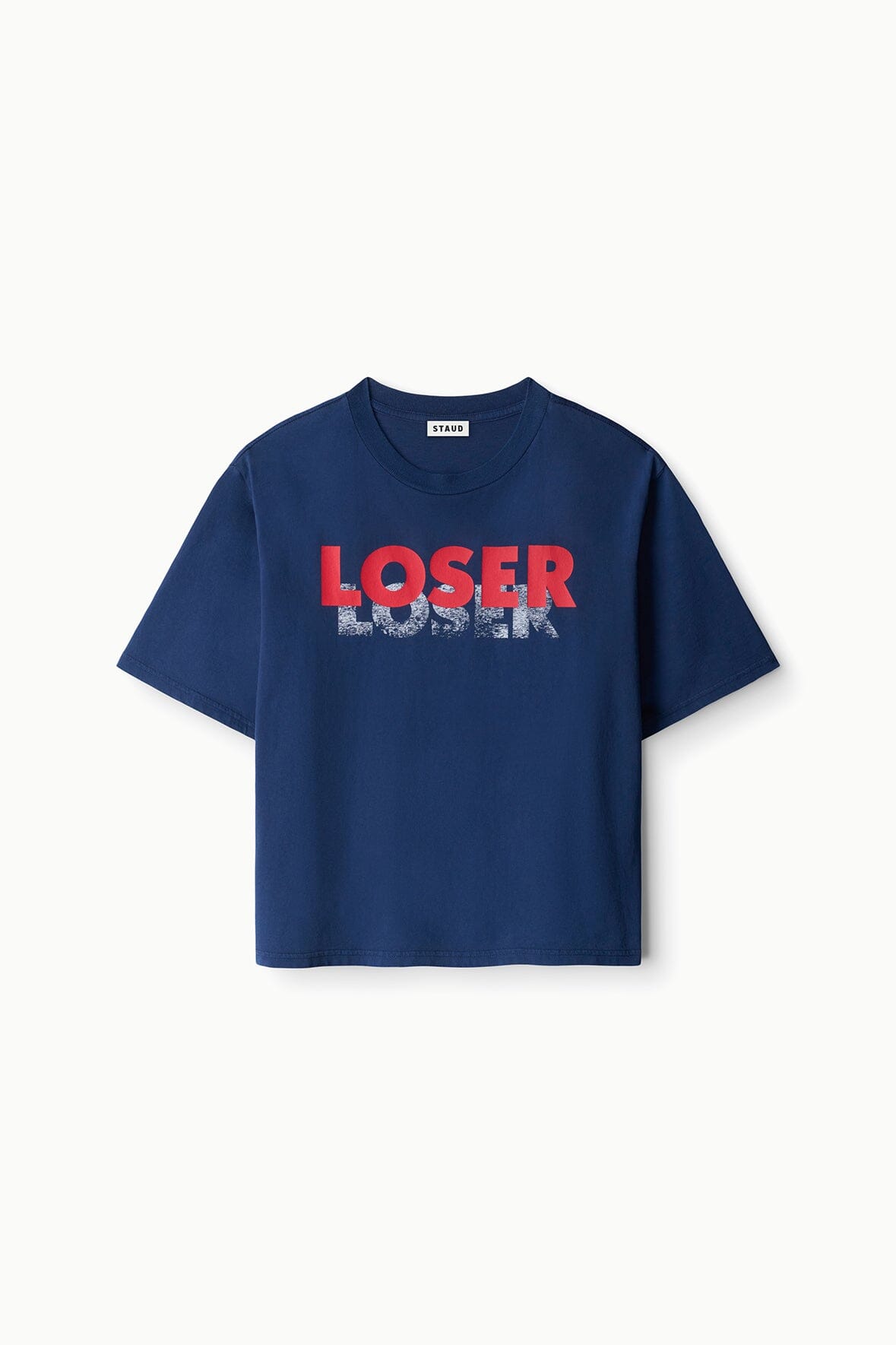 Blue relaxed tee with red 'LOSER' logo, crew neck, short sleeves (flat lay)