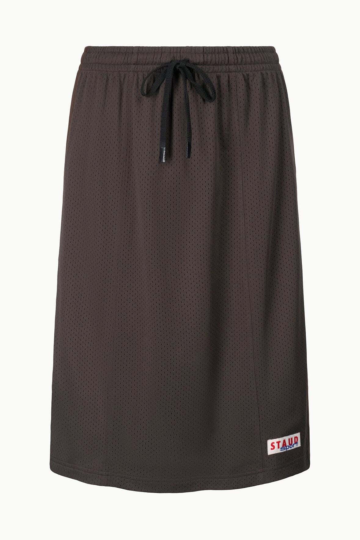 Dark oak knit skirt with elastic waistband and black drawstring, straight midi hem