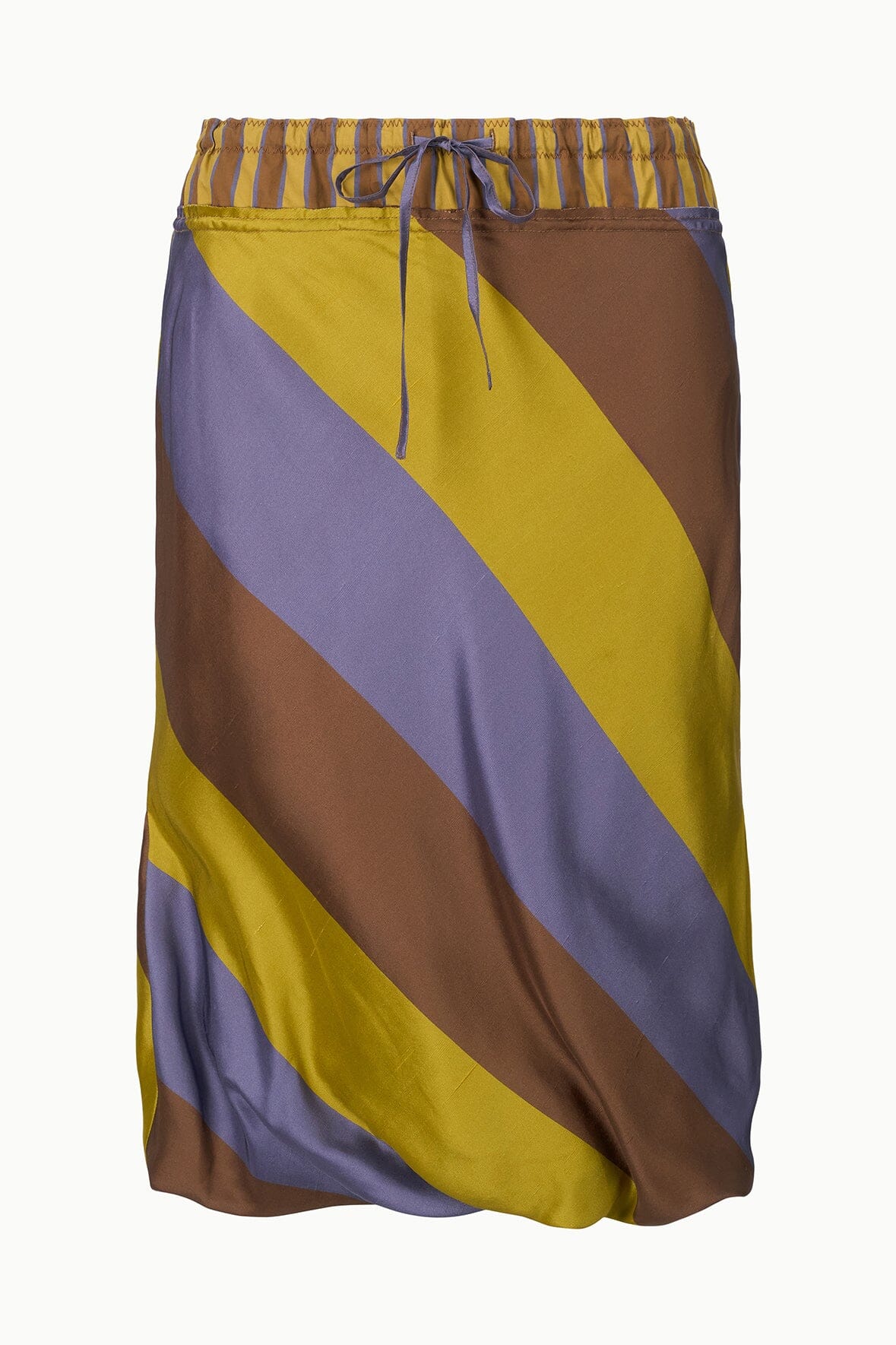 Silk midi skirt with elastic waist and tie, diagonal yellow, brown, navy stripe pattern