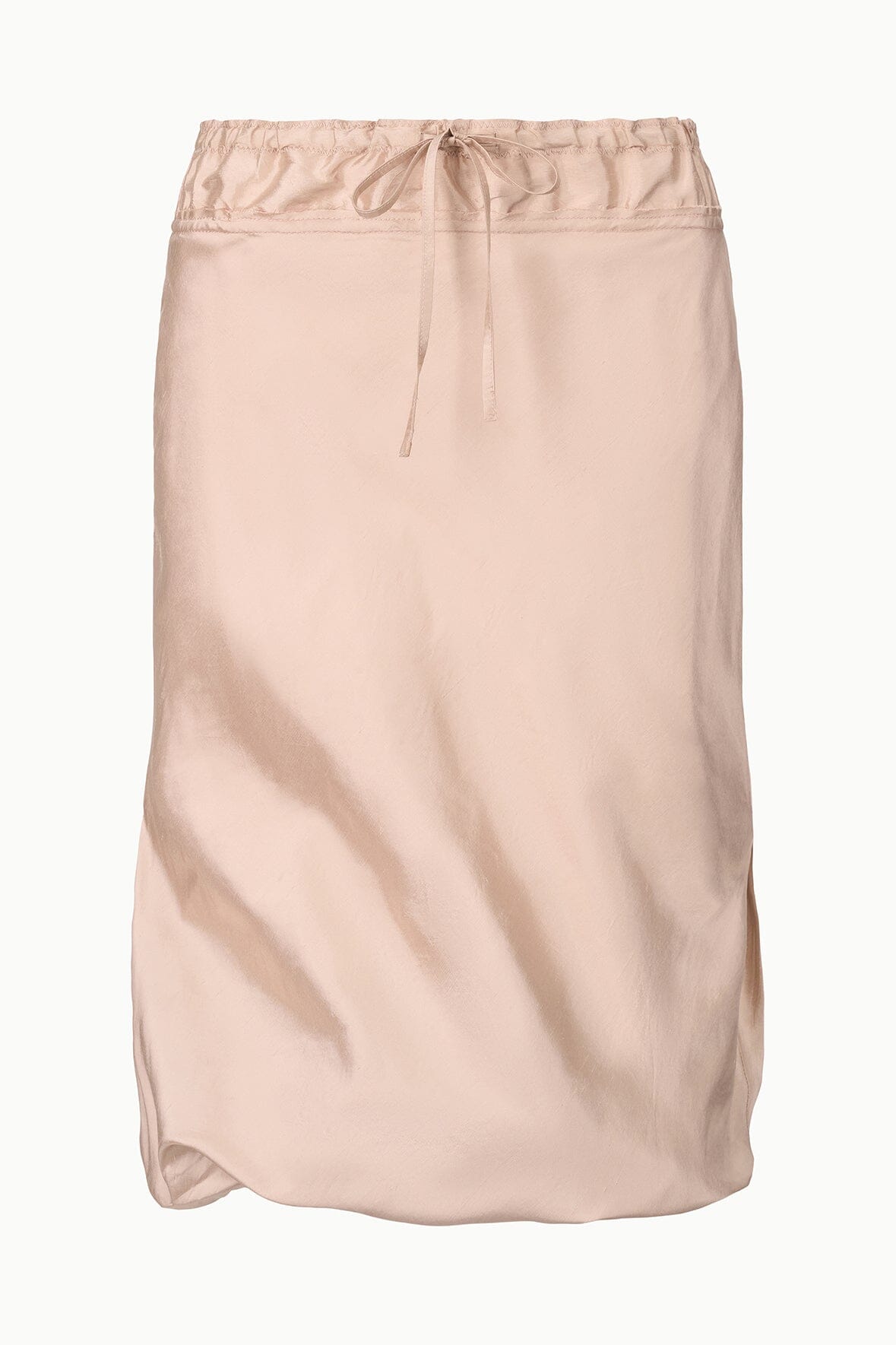 Silk skirt in sandrose pink with elastic drawstring waist and gathered midi hem