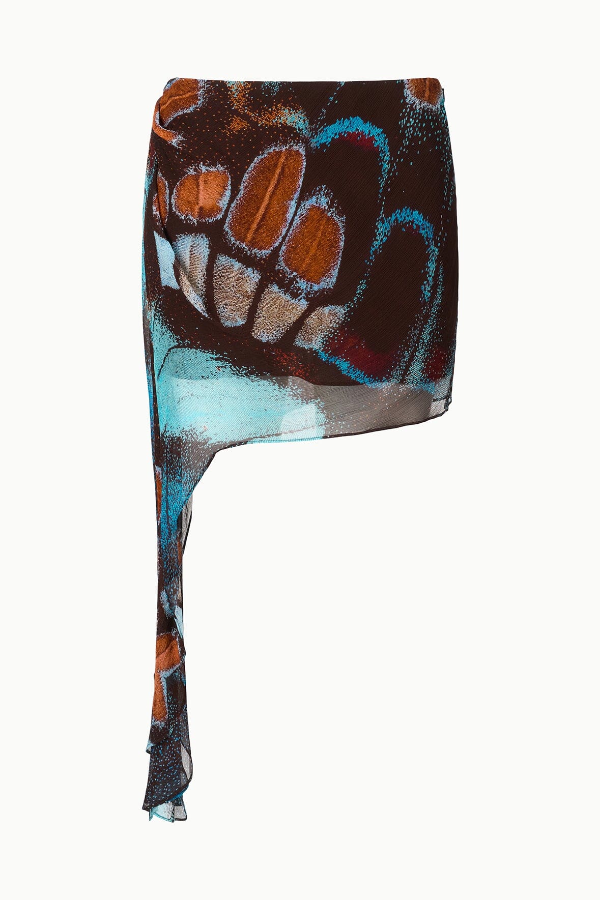 Printed mini skirt with butterfly-sky abstract print, high slit, gathered waist.