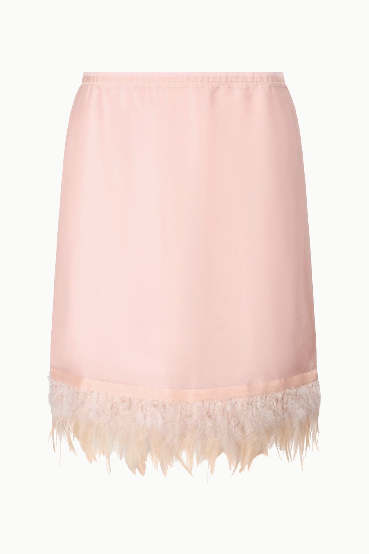 Light pink satin skirt with elastic waistband and feather fringe hem