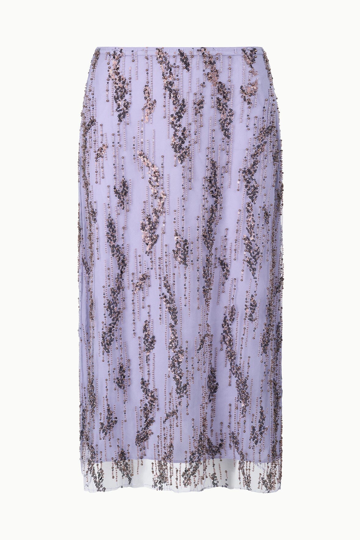 Lilac sequin midi skirt with all-over floral pattern