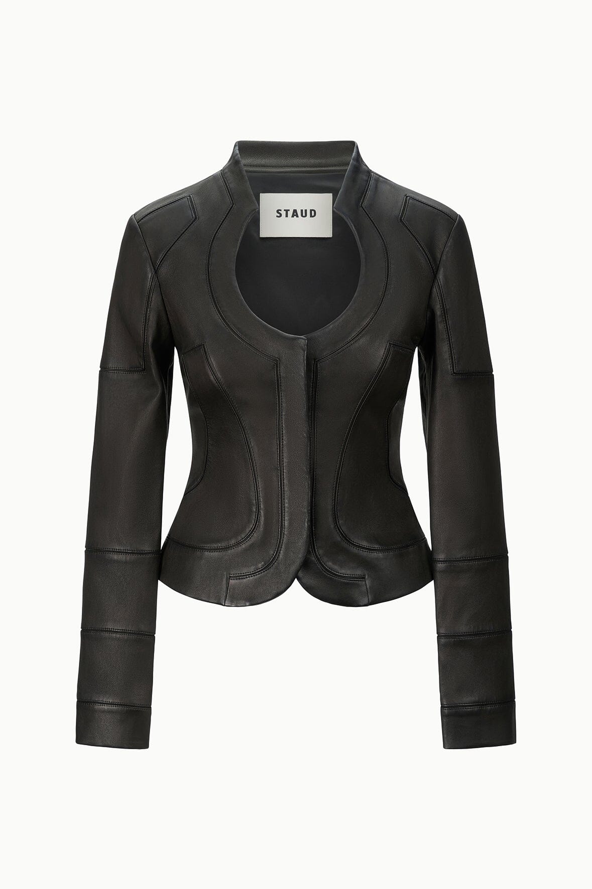Black leather jacket with stand collar, asym seam front, long sleeves