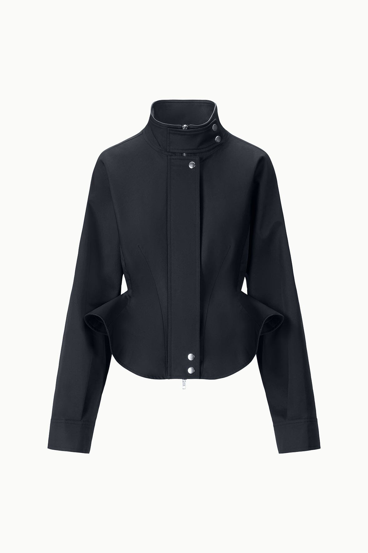 Black cropped jacket with stand collar, snap front, long sleeves