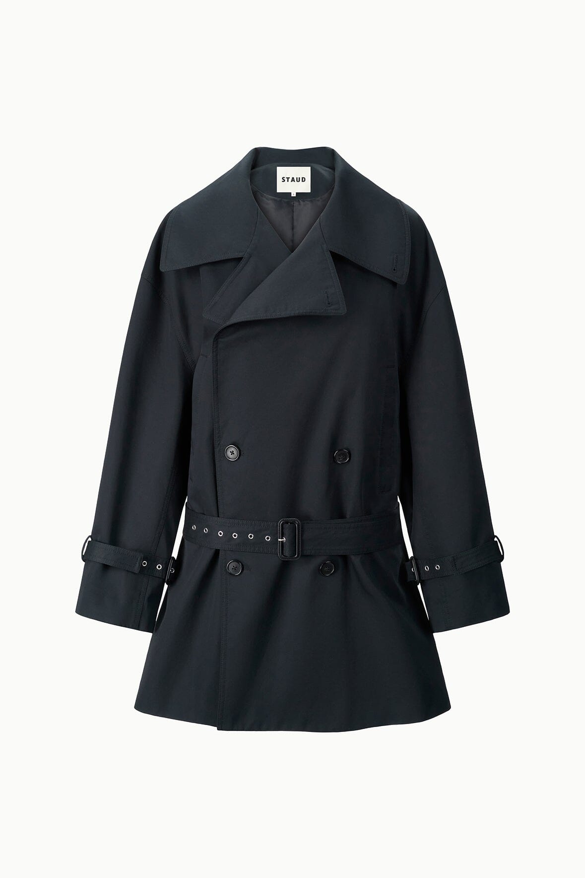 Black belted trench-style jacket with notched lapel front and snap pockets