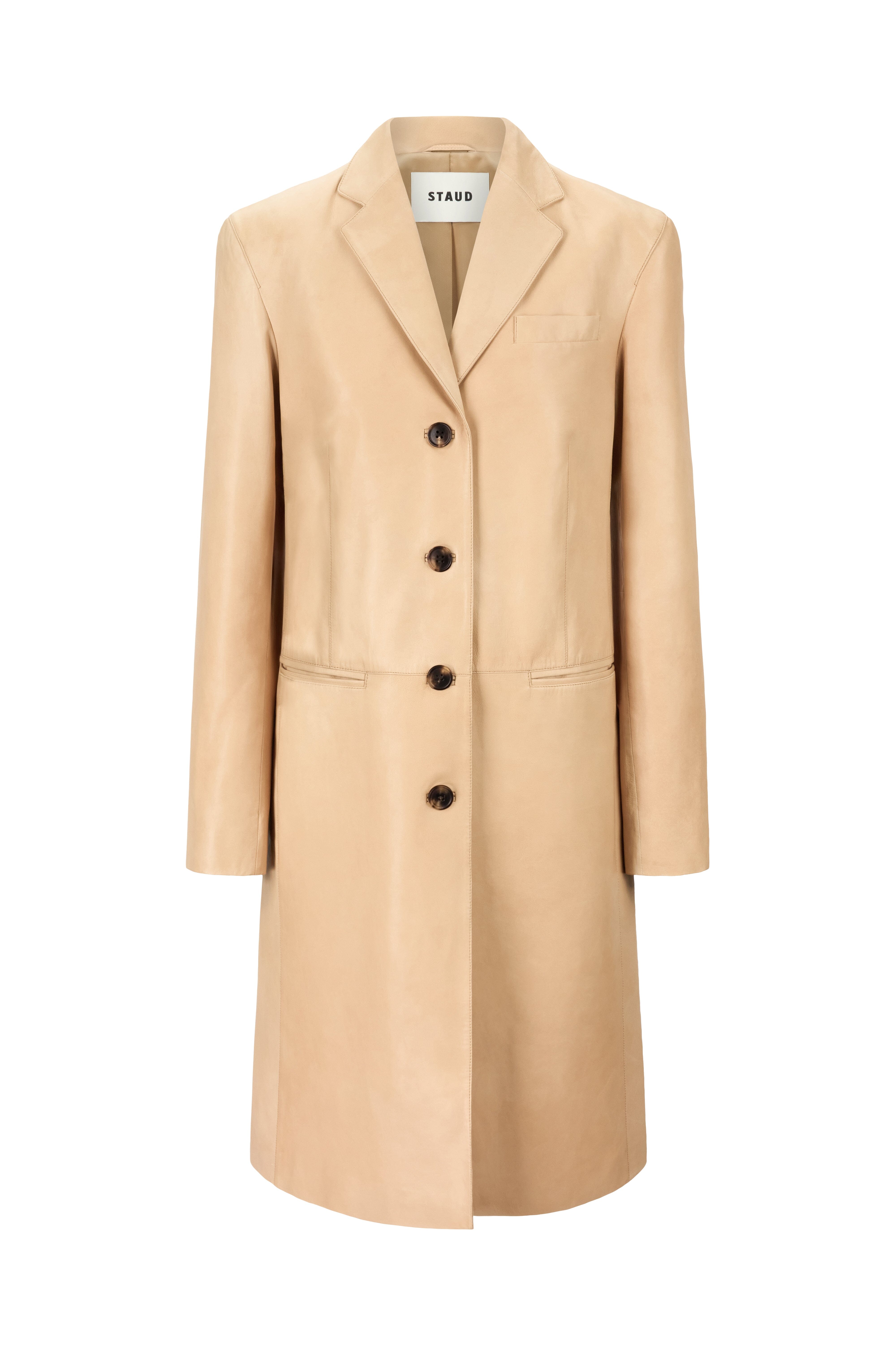 WYATT cashew leather coat with notch lapels and three-button front