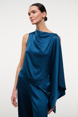 Blue draped silk top with cowl neck, sleeveless fit and flowing cape-like drape