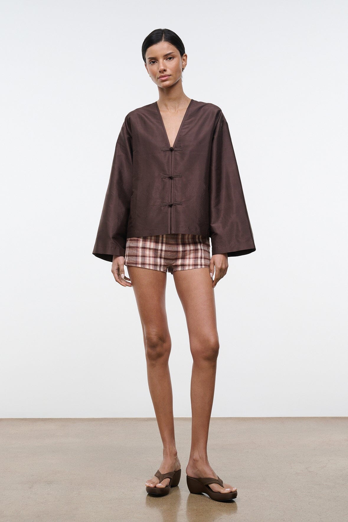 Dark brown silk dupioni top with V-neck and three toggle buttons, wide kimono sleeves