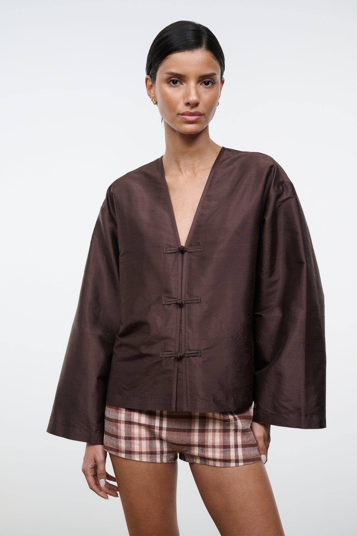 Dark brown silk dupioni top with V-neck and three toggle buttons, full sleeves