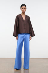Dark brown silk dupioni top with V-neck and three toggle buttons, wide sleeve cut