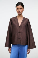 Dark brown silk dupioni top with V-neck and three toggle buttons, cropped silhouette