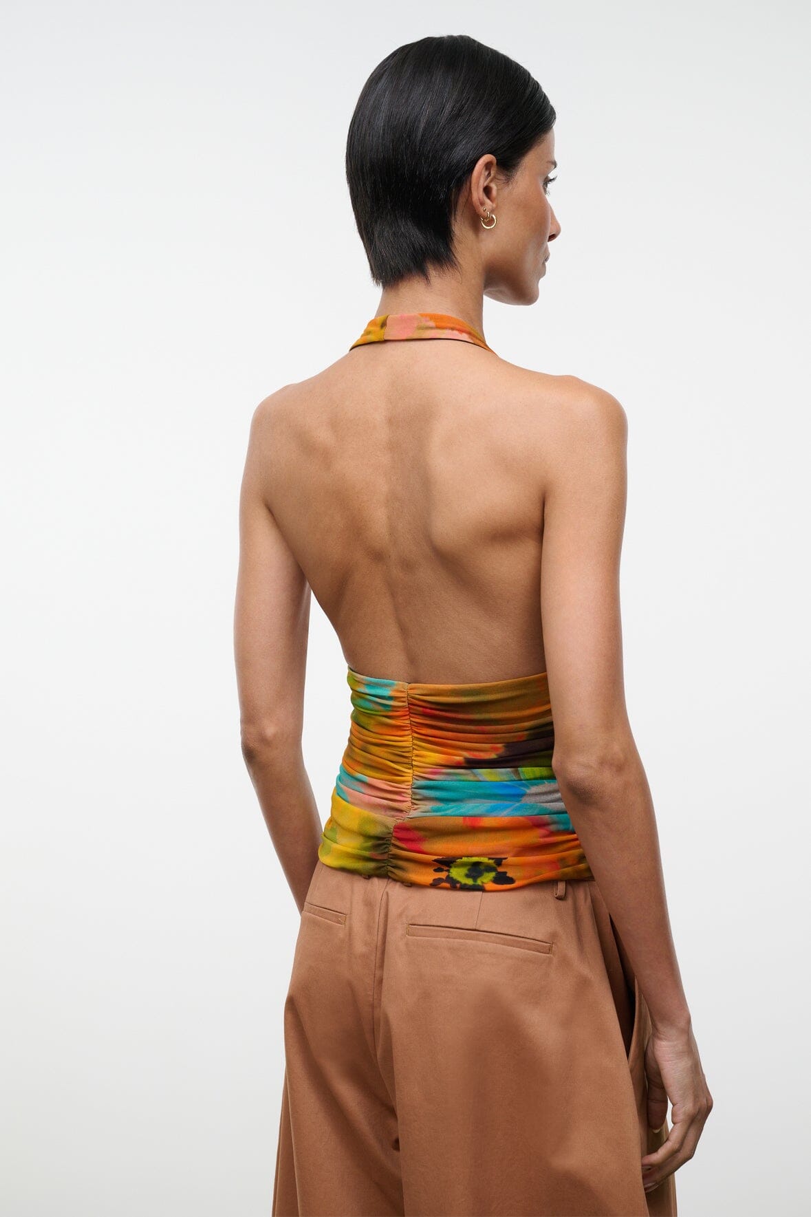ALESSANDRA halter top, multicolor print with ruched open-back straps