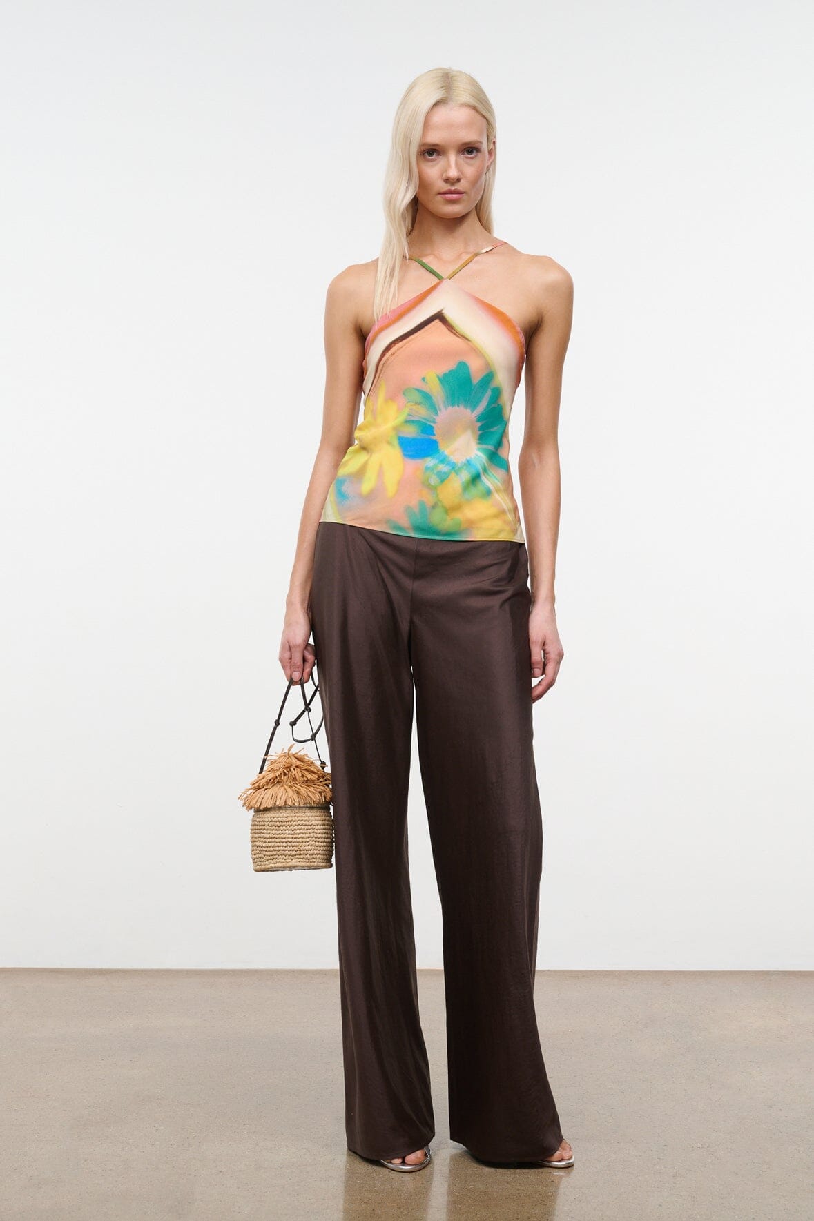 Floral multicolor camisole top with spaghetti straps and V-neck, abstract flower print