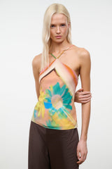 Floral multicolor camisole top with spaghetti straps and V-neck, abstract flower print detail