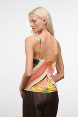 Floral multicolor camisole top with spaghetti straps and open back, abstract flower print