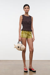 Brown sleeveless peplum top with ruched waist and flared hem
