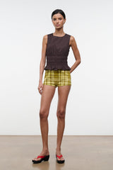 Brown sleeveless peplum top with round neckline and smocked waist